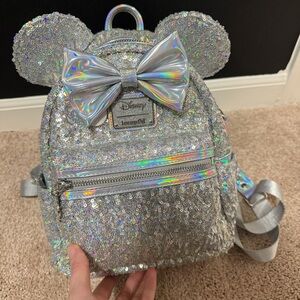 Disney loungefly Silver Holographic Sequin Backpack